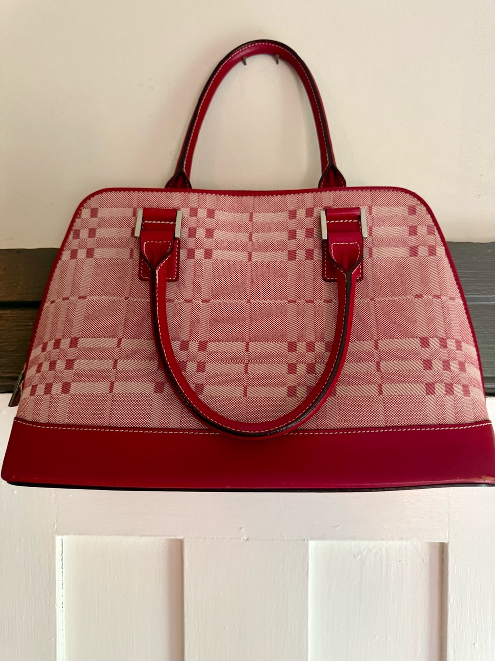 Burberry Red Plaid Satchel with Leather Trim - Picture 2 of 9